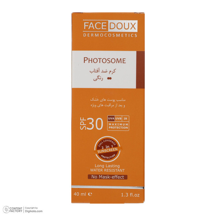 کرم ضد آفتاب رنگی فیس دوکس SPF 30 مدل photosome 02 ، ضد آب، مناسب پوست های خشک انقضا 1405/09/11